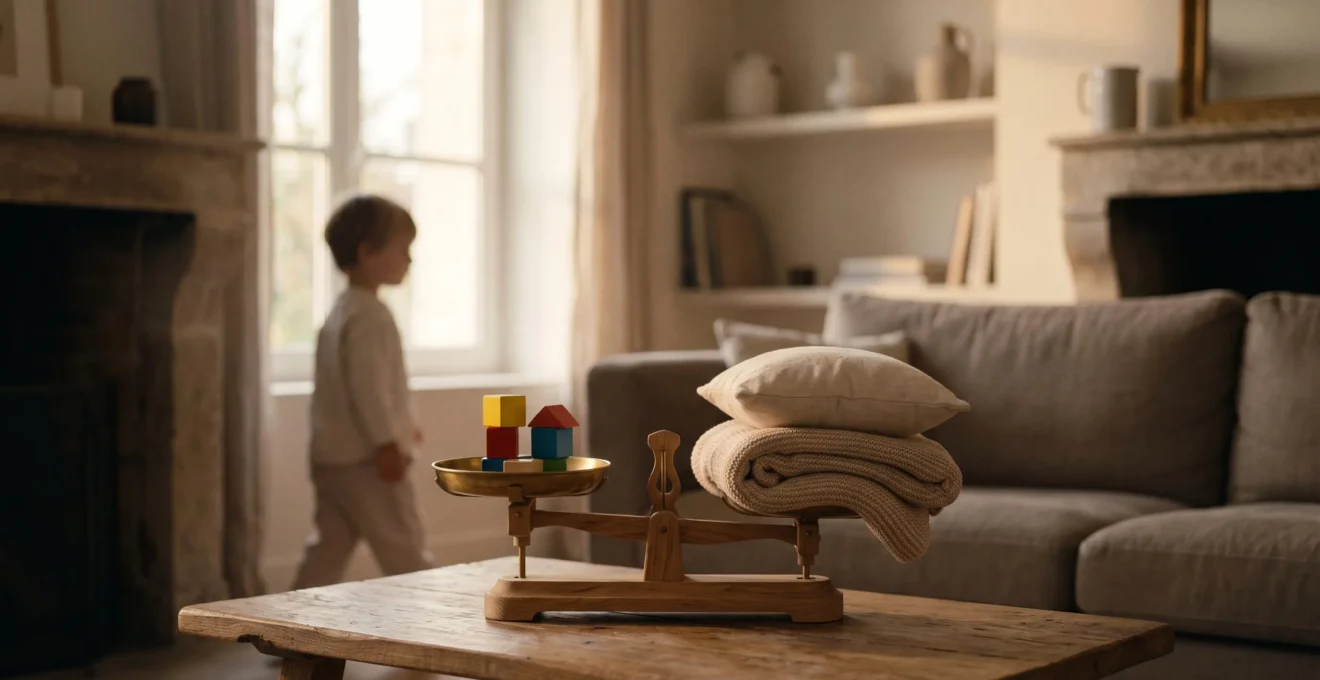Illustration symbolique d'un équilibre entre jeux calmes et jeux dynamiques dans le planning d'un enfant en France