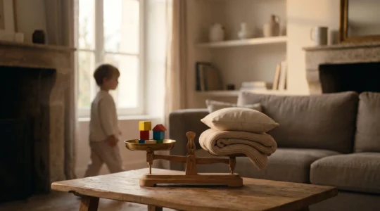 Illustration symbolique d'un équilibre entre jeux calmes et jeux dynamiques dans le planning d'un enfant en France