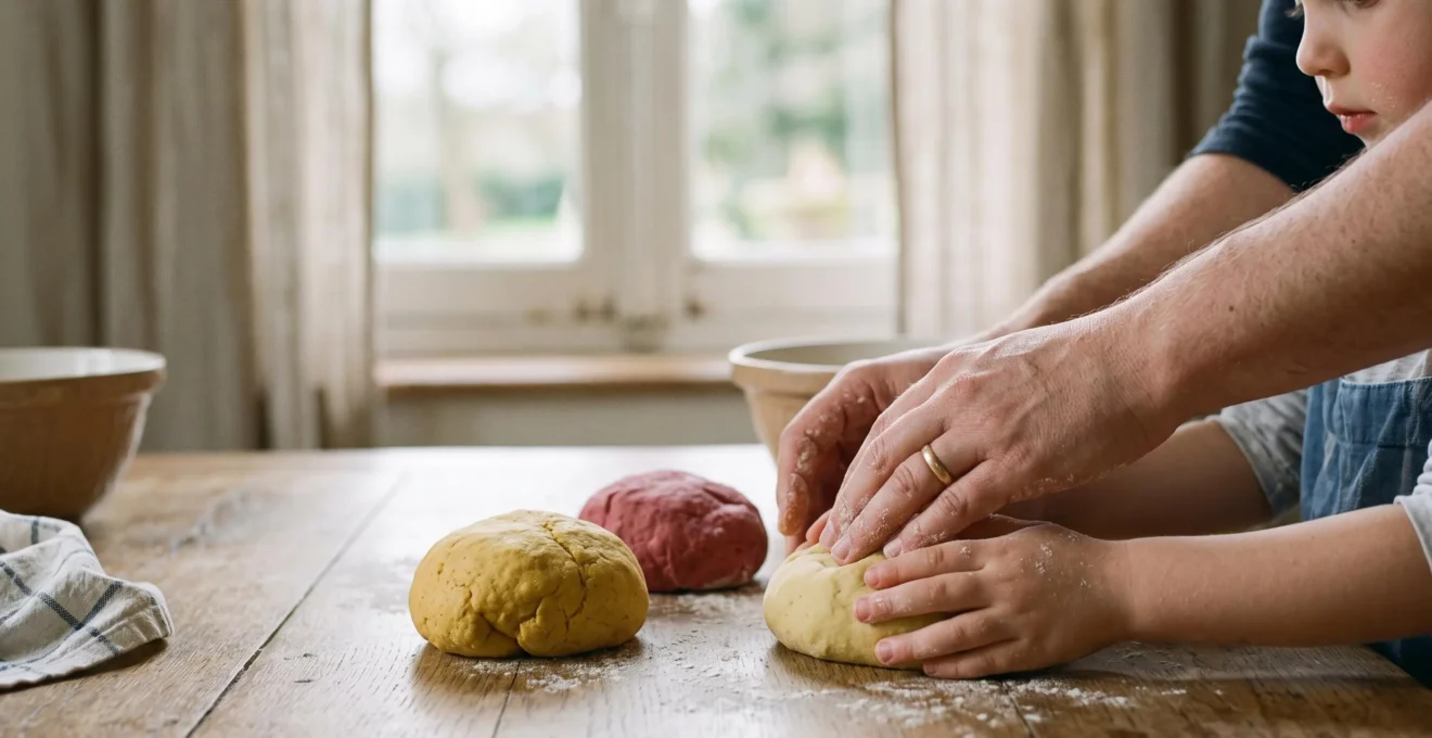 Mains d'un parent et d'un enfant façonnant ensemble de la pâte à modeler maison colorée sur une table en bois dans une cuisine lumineuse