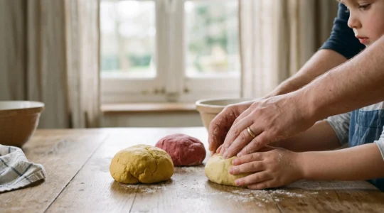 Mains d'un parent et d'un enfant façonnant ensemble de la pâte à modeler maison colorée sur une table en bois dans une cuisine lumineuse