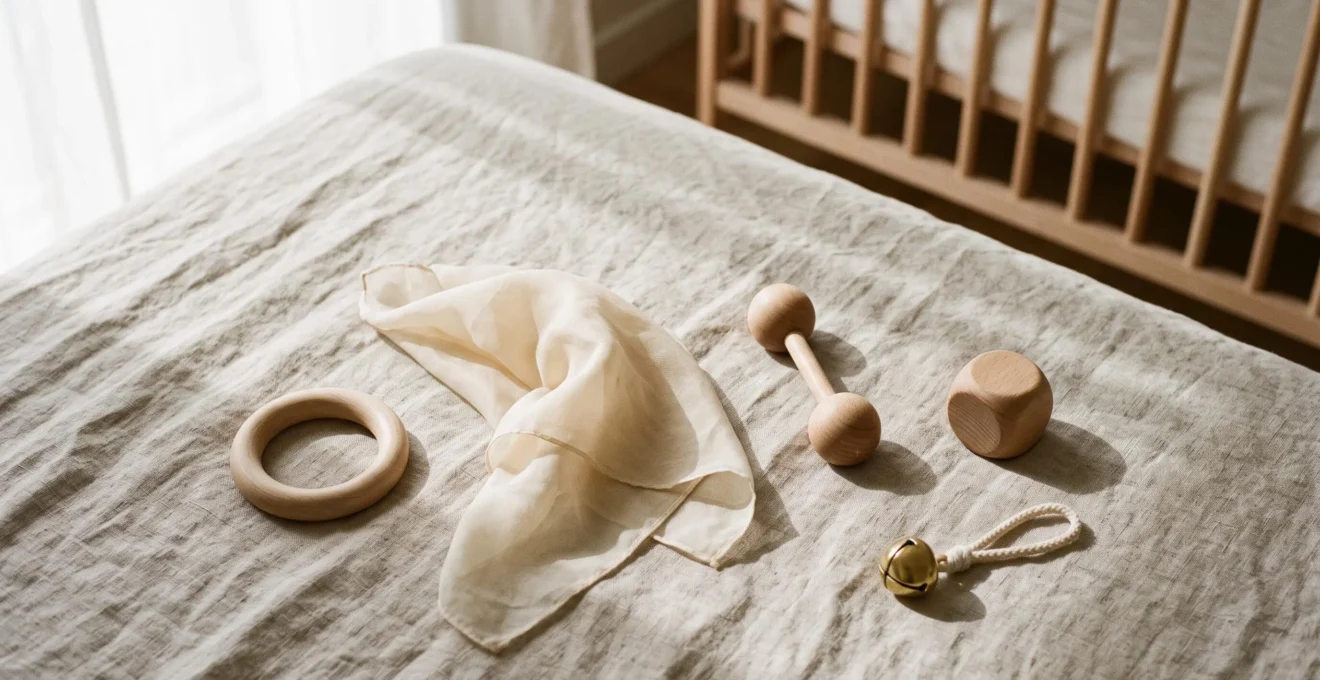 Cinq jouets d'éveil en bois et tissu naturel disposés harmonieusement sur un tapis clair, symbolisant les indispensables pour un bébé de 0 à 12 mois