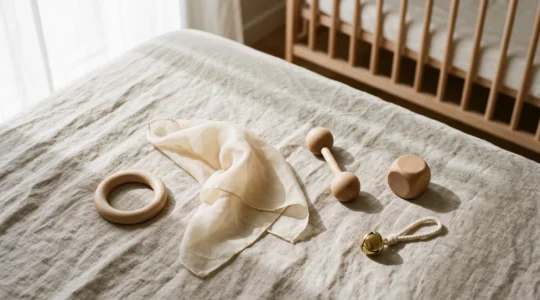 Cinq jouets d'éveil en bois et tissu naturel disposés harmonieusement sur un tapis clair, symbolisant les indispensables pour un bébé de 0 à 12 mois
