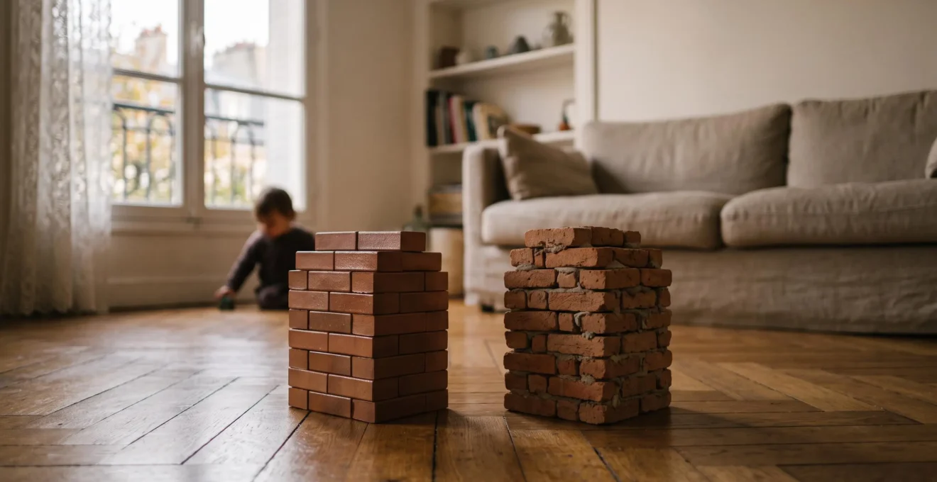 Comparaison visuelle entre des briques de construction classiques et des briques compatibles dans un salon francais