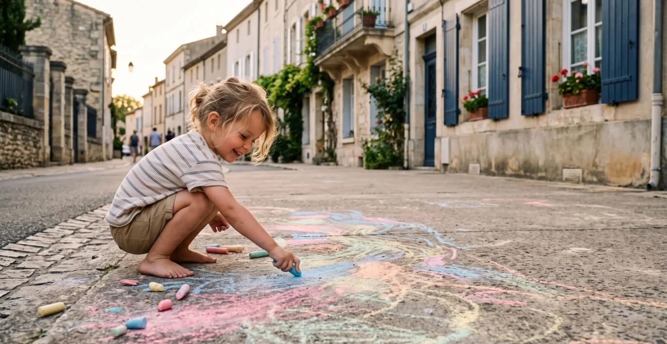 Un enfant dessine librement à la craie colorée sur le trottoir d'une rue résidentielle française, entouré de motifs abstraits et lumineux.