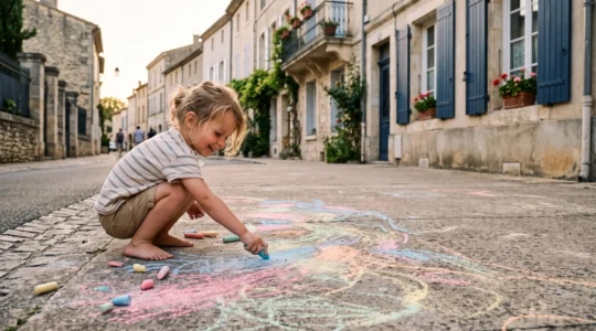 Un enfant dessine librement à la craie colorée sur le trottoir d'une rue résidentielle française, entouré de motifs abstraits et lumineux.