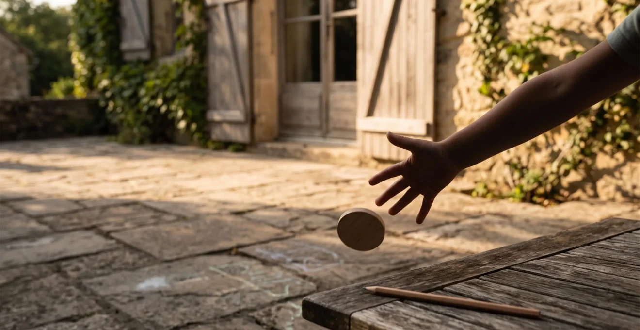 Main d'enfant lançant un palet en bois vers une cible tracée à la craie, symbole du lien entre motricité du jeu et geste d'écriture