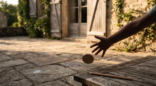 Main d'enfant lançant un palet en bois vers une cible tracée à la craie, symbole du lien entre motricité du jeu et geste d'écriture