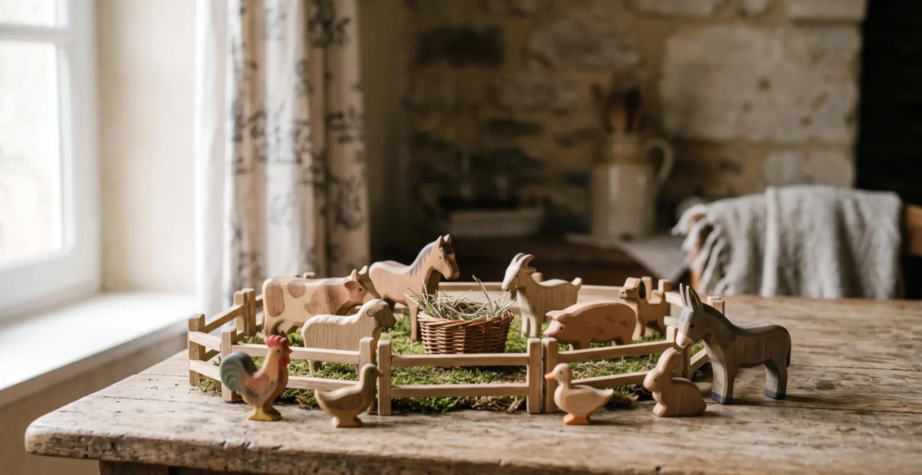 Une mini-ferme en bois avec dix animaux stylisés installée sur une table en bois clair, dans une lumière naturelle douce evoquant une maison familiale française.