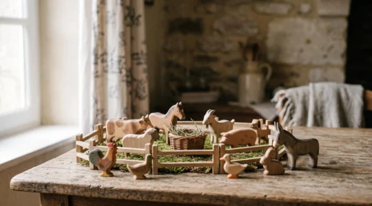 Une mini-ferme en bois avec dix animaux stylisés installée sur une table en bois clair, dans une lumière naturelle douce evoquant une maison familiale française.