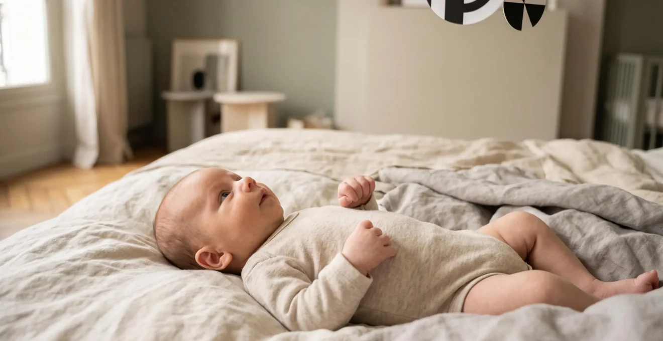 Nouveau-ne allonge sur le dos observant un mobile a fort contraste noir et blanc, mains encore fermees, dans une chambre lumineuse a la francaise