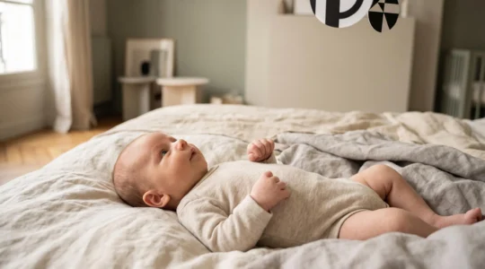 Nouveau-ne allonge sur le dos observant un mobile a fort contraste noir et blanc, mains encore fermees, dans une chambre lumineuse a la francaise