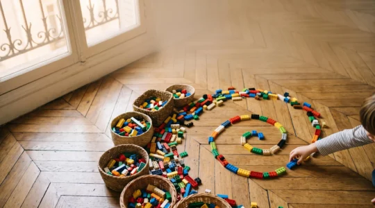 Bacs de briques de construction colorées organisés autour d'un enfant en train d'imaginer une construction libre