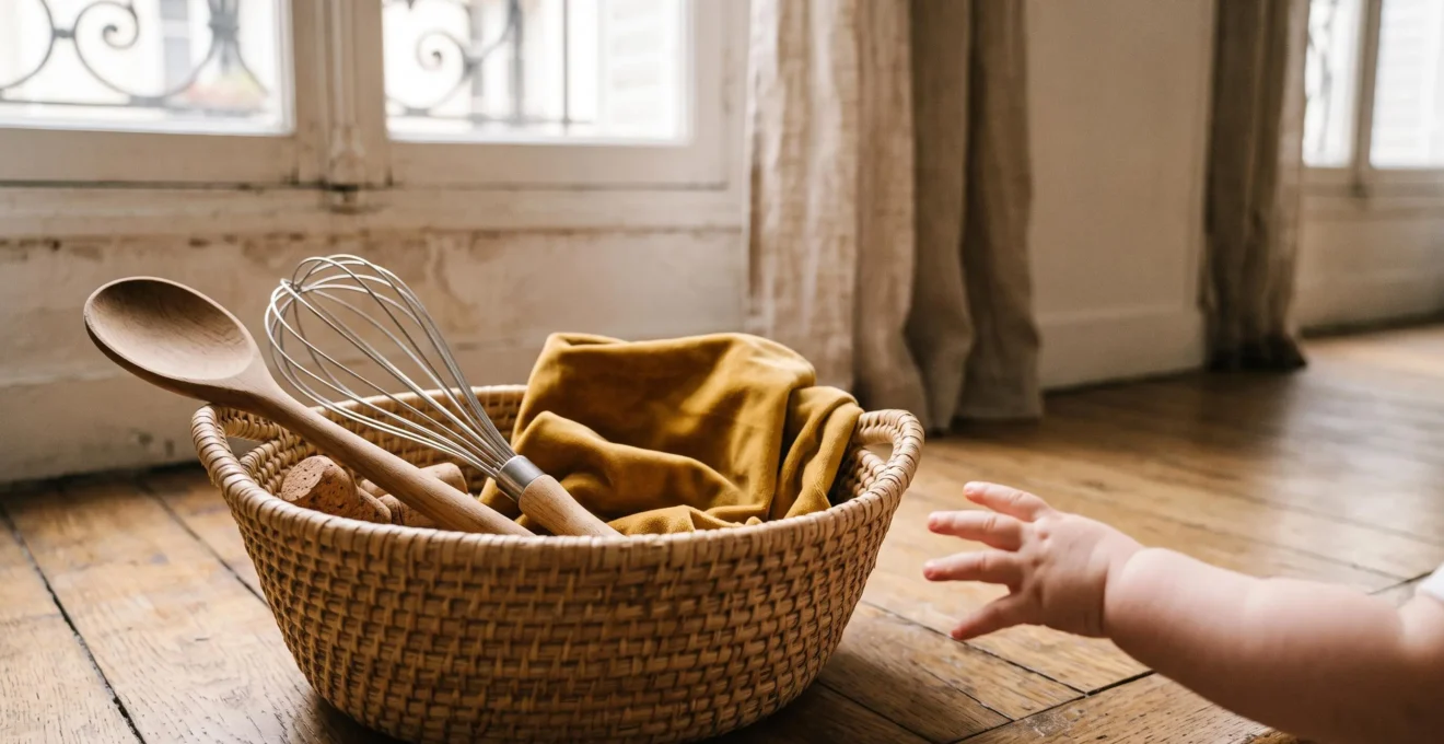 Panier en osier rempli d'objets sensoriels en bois, métal et tissu pour l'éveil d'un bébé de 8 mois dans un intérieur français lumineux