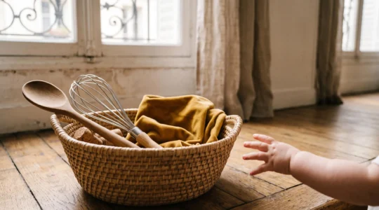 Panier en osier rempli d'objets sensoriels en bois, métal et tissu pour l'éveil d'un bébé de 8 mois dans un intérieur français lumineux