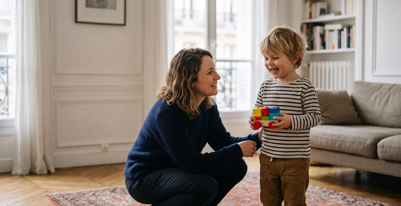 Un parent et son enfant observant ensemble un jouet coloré, dans un moment de dialogue bienveillant