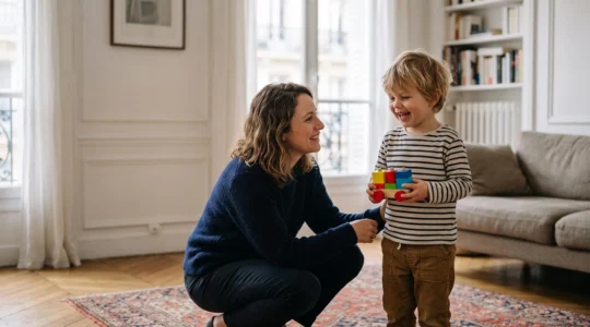 Un parent et son enfant observant ensemble un jouet coloré, dans un moment de dialogue bienveillant