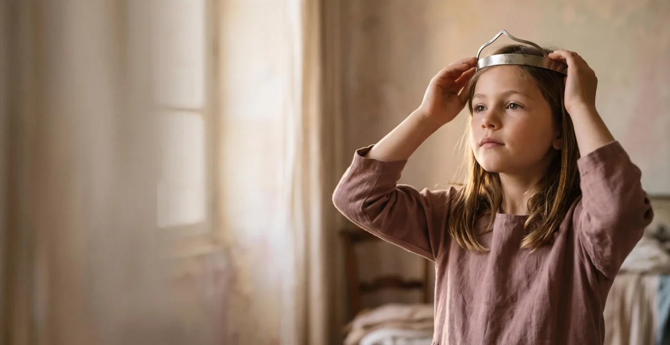 Petite fille se couronnant elle-même avec confiance, symbole d'un jeu de princesse actif plutôt que passif