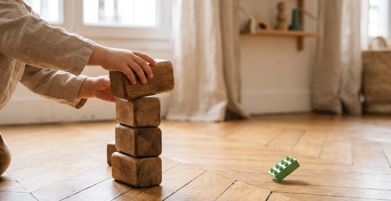 Enfant concentré équilibrant un bloc de bois épais au sommet d'une construction, dans une lumière naturelle douce