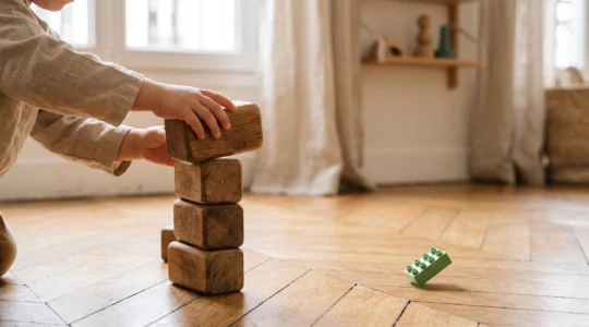 Enfant concentré équilibrant un bloc de bois épais au sommet d'une construction, dans une lumière naturelle douce