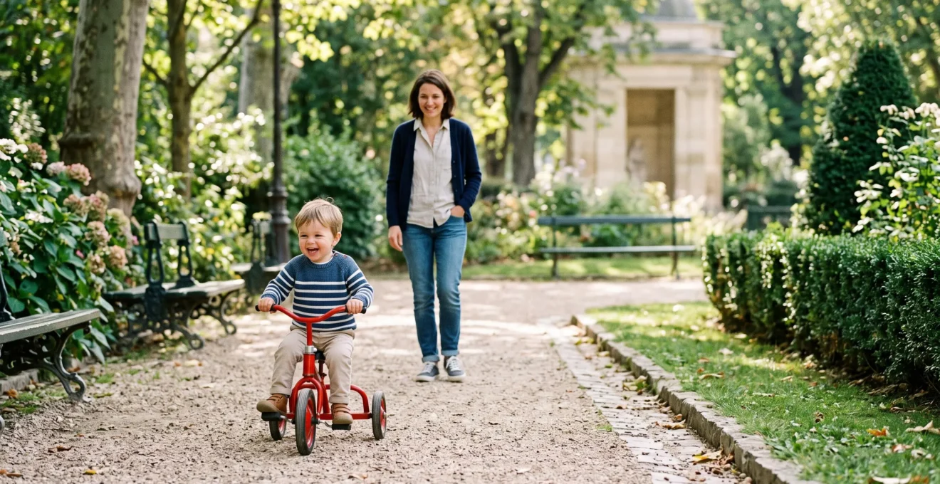 Un jeune enfant de deux ans pédale seul sur un tricycle coloré dans un jardin public à la française, sous le regard bienveillant d'un parent en retrait.