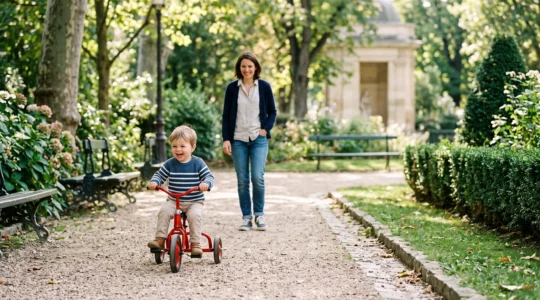 Un jeune enfant de deux ans pédale seul sur un tricycle coloré dans un jardin public à la française, sous le regard bienveillant d'un parent en retrait.
