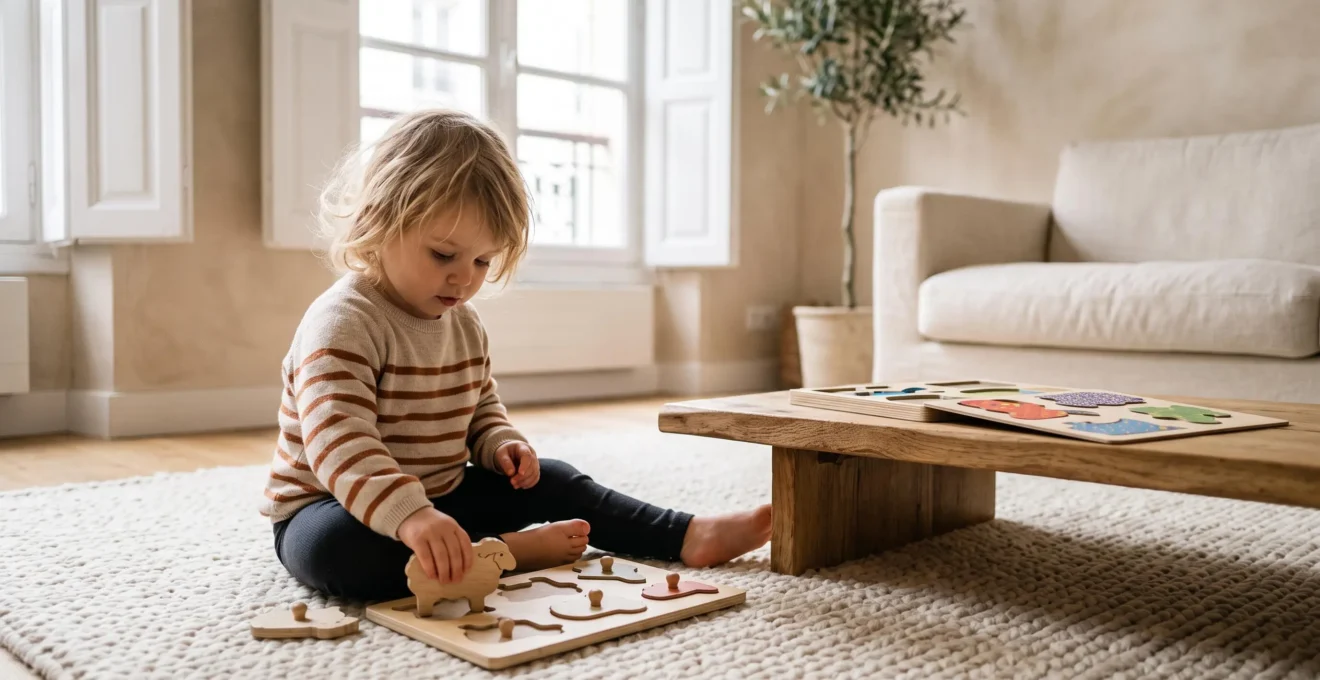 Un enfant de deux ans manipule un puzzle en bois à boutons sur un tapis de jeu dans un salon lumineux français