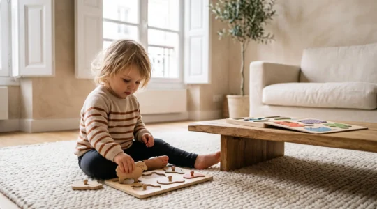 Un enfant de deux ans manipule un puzzle en bois à boutons sur un tapis de jeu dans un salon lumineux français