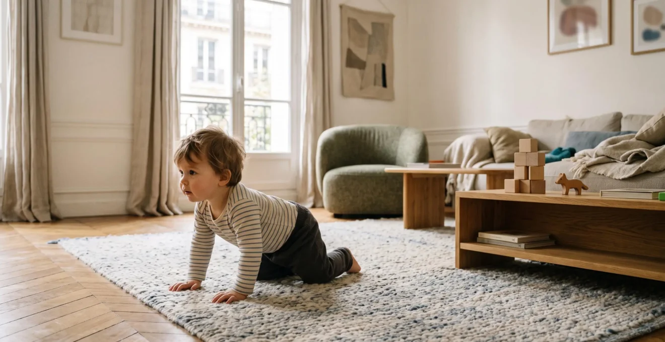 Tout-petit de 18 mois explorant en toute sécurité un salon français aménagé avec des protections discrètes et du mobilier bas