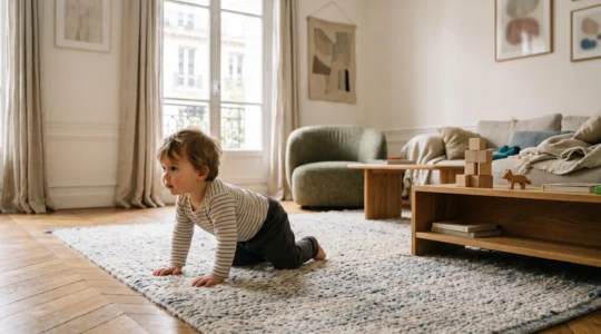 Tout-petit de 18 mois explorant en toute sécurité un salon français aménagé avec des protections discrètes et du mobilier bas