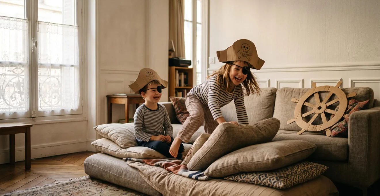 Un salon familial français métamorphosé en bateau pirate avec des enfants déguisés jouant sur un canapé transformé en pont de navire