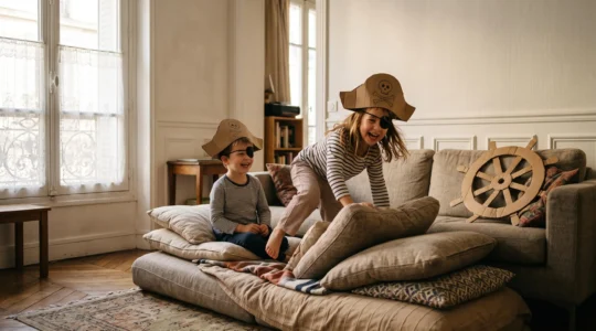 Un salon familial français métamorphosé en bateau pirate avec des enfants déguisés jouant sur un canapé transformé en pont de navire