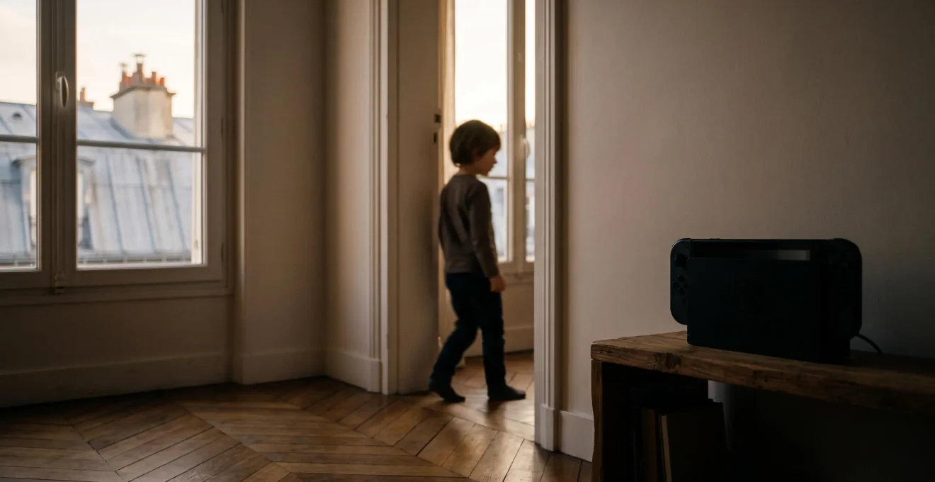 Enfant sur le seuil d'un salon français, entre lumière naturelle et coin jeu vidéo tamisé, symbolisant l'équilibre dans l'usage des écrans