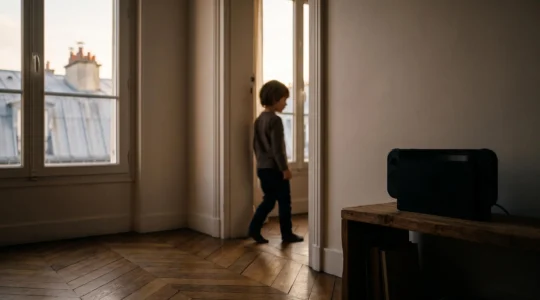 Enfant sur le seuil d'un salon français, entre lumière naturelle et coin jeu vidéo tamisé, symbolisant l'équilibre dans l'usage des écrans