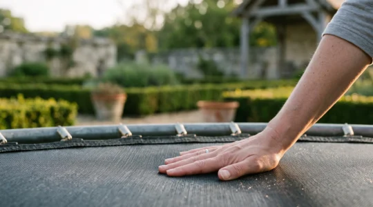Gros plan artistique sur une toile de trampoline tendue dans un jardin français, symbolisant le test de solidité avant le premier saut