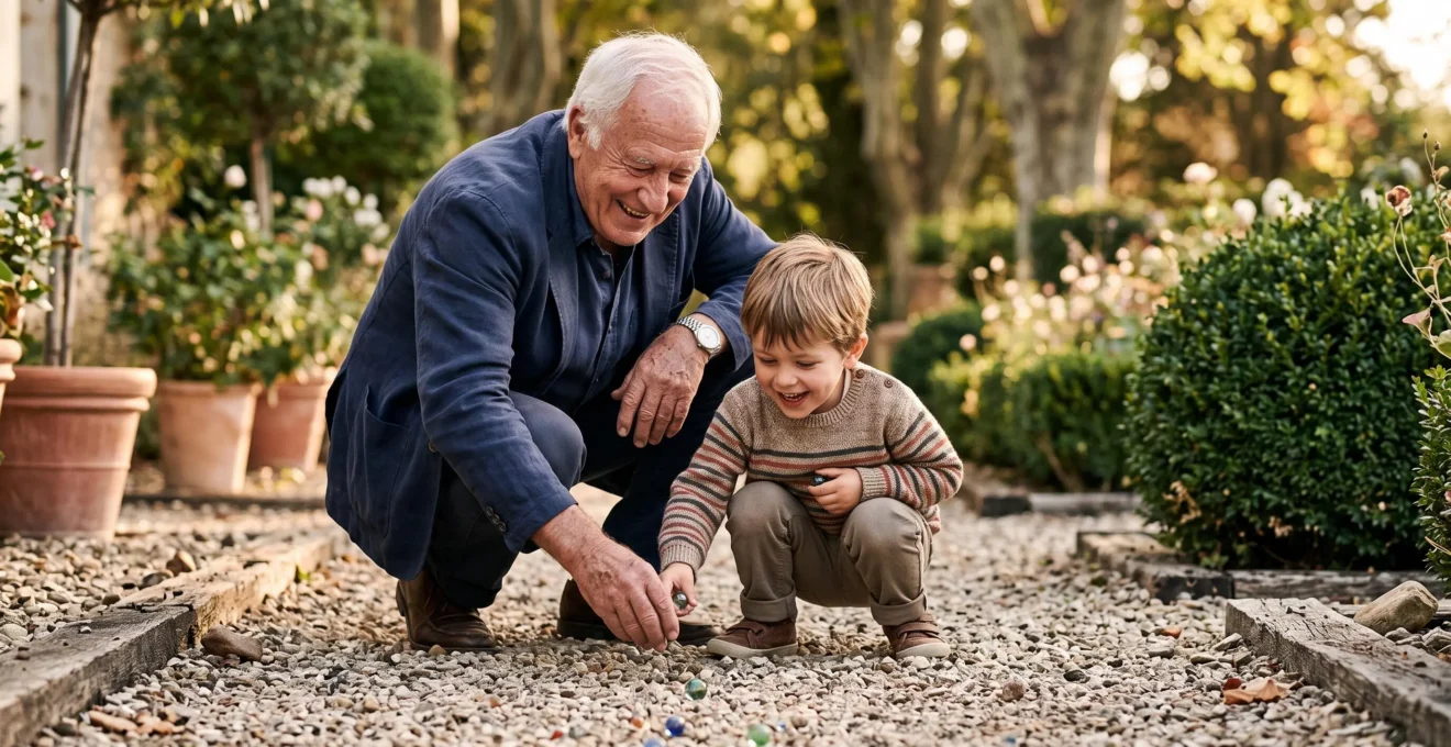 Un grand-parent et un enfant jouant ensemble à un jeu traditionnel français dans un jardin, symbole de transmission intergénérationnelle