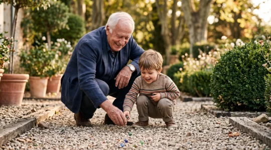 Un grand-parent et un enfant jouant ensemble à un jeu traditionnel français dans un jardin, symbole de transmission intergénérationnelle