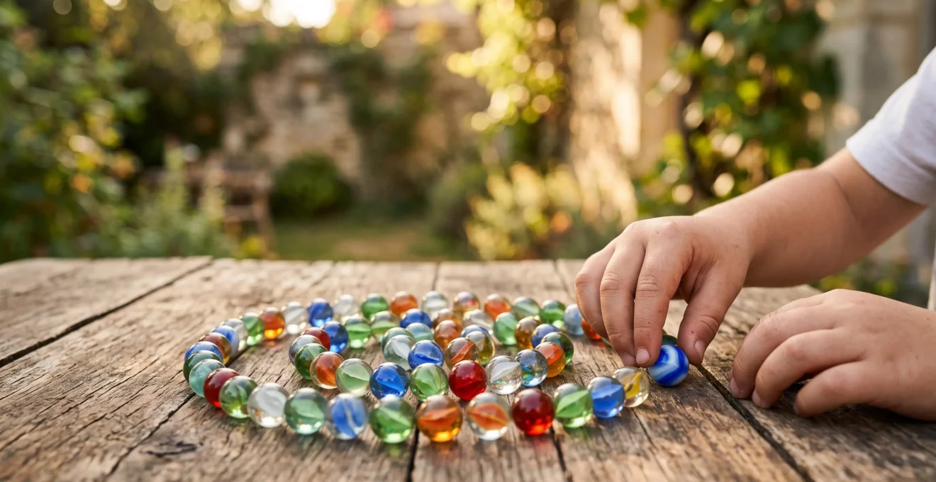 Un enfant de 8 ans contemple fièrement sa collection de billes colorées étalées sur une table en bois, symbole de patience et de fierté personnelle.