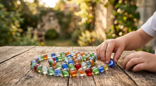Un enfant de 8 ans contemple fièrement sa collection de billes colorées étalées sur une table en bois, symbole de patience et de fierté personnelle.