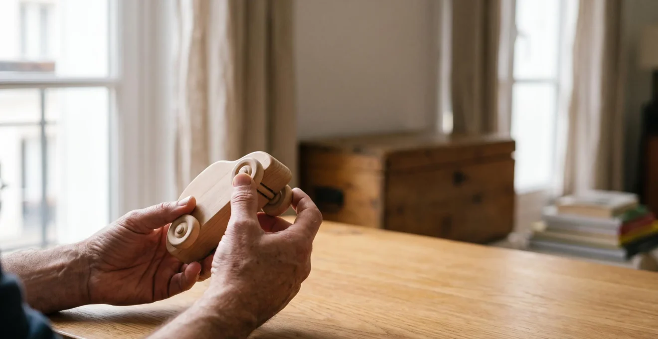 Mains d'un parent inspectant avec attention une petite voiture en bois artisanale dans un intérieur lumineux à la française