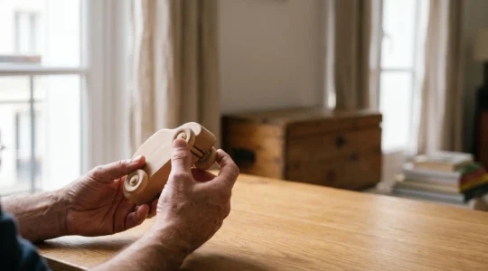 Mains d'un parent inspectant avec attention une petite voiture en bois artisanale dans un intérieur lumineux à la française